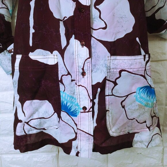 Vintage 70s Loubella Semi-Sheer Shirt Shacket -M Pockets Vents Tropical Floral - Picture 6 of 10